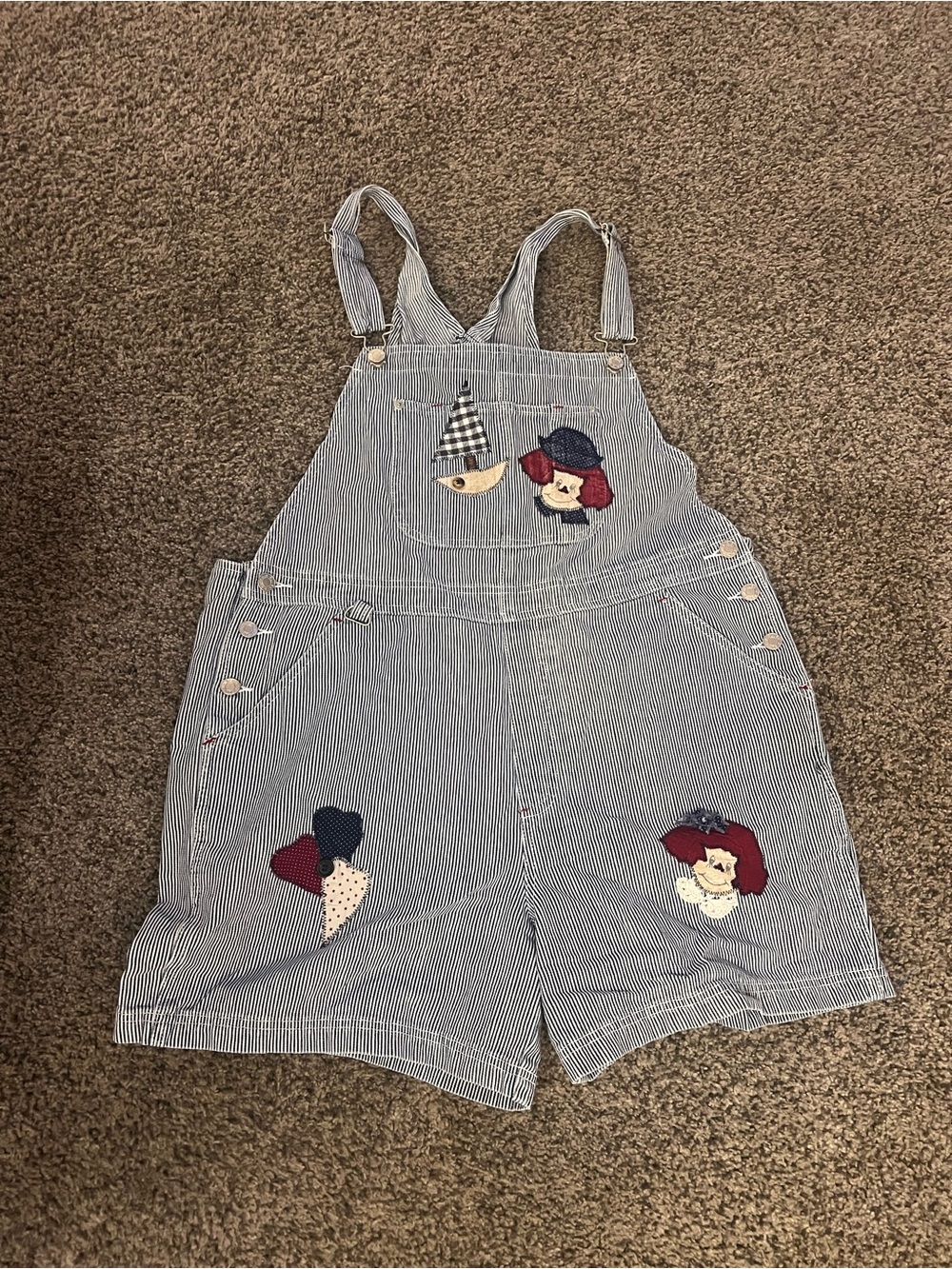 Vintage Hickory Stripe Shortalls / Denim Overalls with Appliques